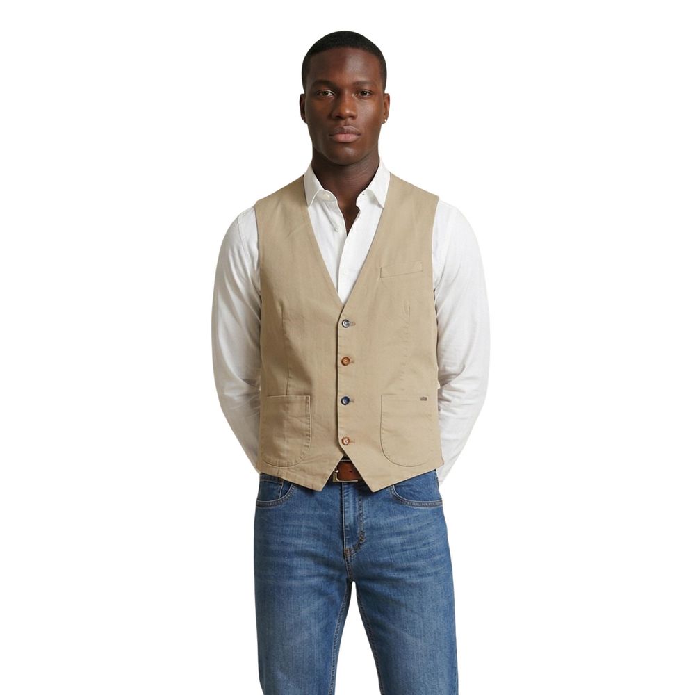 Vest by Gianni Lupo for men in cotton beige & multicolor showcases a utilitarian silhouette, artfully incorporating pockets and a utilitarian v-neck neckline for a truly utilitarian finish.