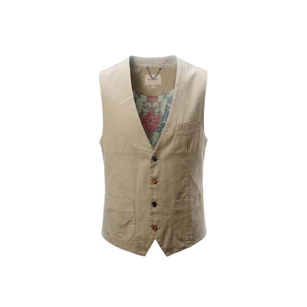 Vest by Gianni Lupo for men in cotton beige & multicolor features a chic silhouette, expertly detailed with a refined v-neck neckline and premium pockets for a truly chic look.
