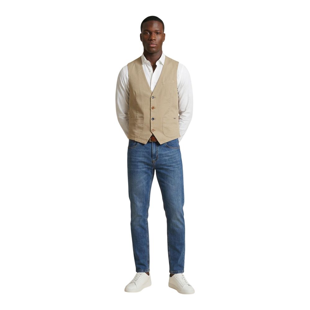 Vest by Gianni Lupo for men in cotton beige & multicolor features a chic silhouette, expertly detailed with a refined v-neck neckline and premium pockets for a truly chic look.