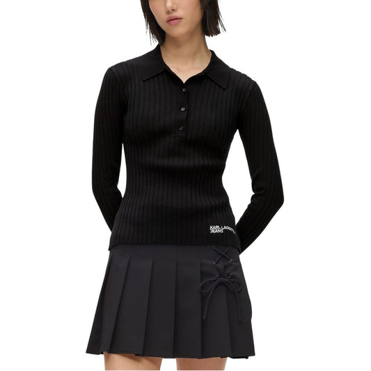 Polo Shirt by Karl Lagerfeld for women in viscose & polyamide black presents a crisp silhouette, artfully detailed with a crisp long-sleeve and crisp .