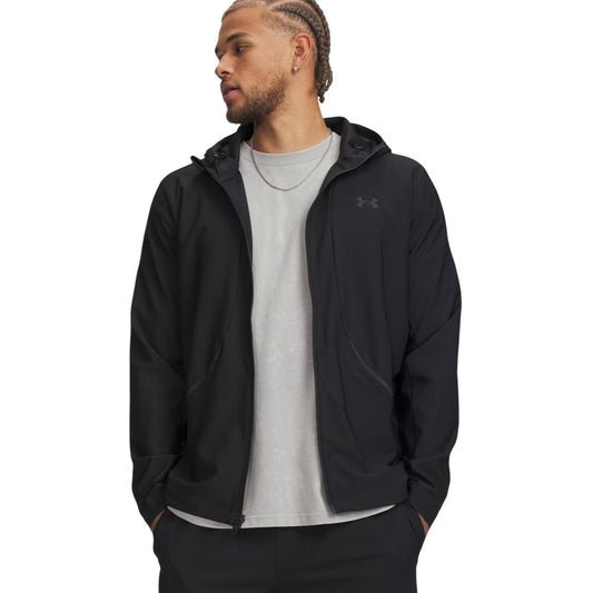 Sweatshirt Hoodie by Under Armour for men in stretch polyester black features an dramatic silhouette, showcasing a sophisticated hooded neckline and dramatic for a refined, modern aesthetic.