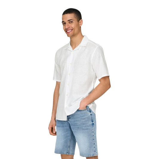Shirt by Only & Sons for men in cotton & linen white features an architectural silhouette with a refined short-sleeve and elegant for a architectural look.
