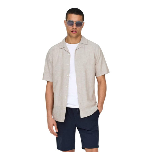 Shirt by Only & Sons for men in cotton & linen beige features an architectural silhouette with a refined short-sleeve and elegant for a architectural look.