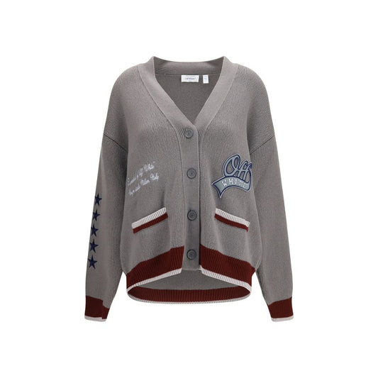 Cardigan by Off-White for women in cotton & merino wool gray, white & striped showcases a captivating silhouette, artfully detailed with a captivating and v-neck neckline for a truly sophisticated captivating look.