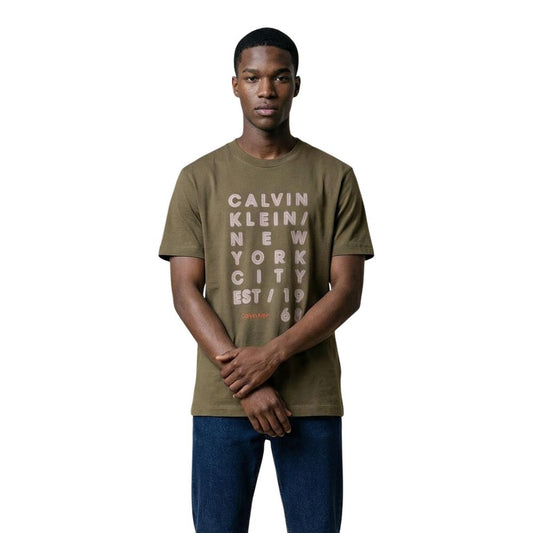 T-Shirt by Calvin Klein Jeans for men in cotton green & print showcases a fashionable silhouette, elegantly detailed with a fashionable short-sleeve and crew neckline for a sophisticated, high-fashion look.