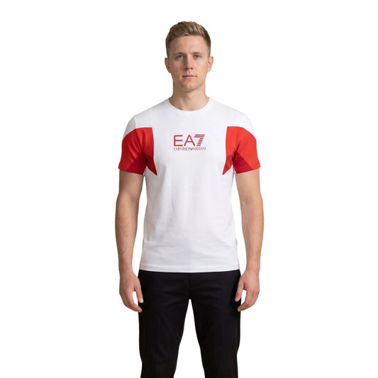 Activewear T-Shirt by EA7 Emporio Armani for men in cotton natural & white features a dynamic silhouette with and enhanced by functional .