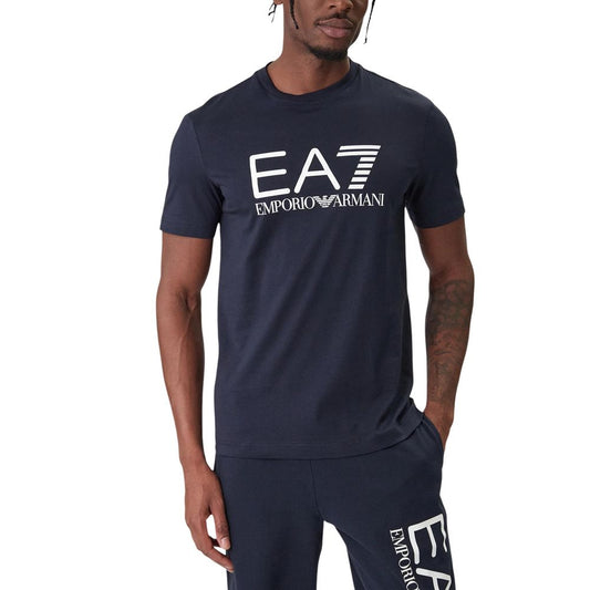 Activewear T-Shirt by EA7 Emporio Armani for men in cotton blue & signature features a versatile silhouette, showcasing a versatile and detailed with high-performance for a premium look.
