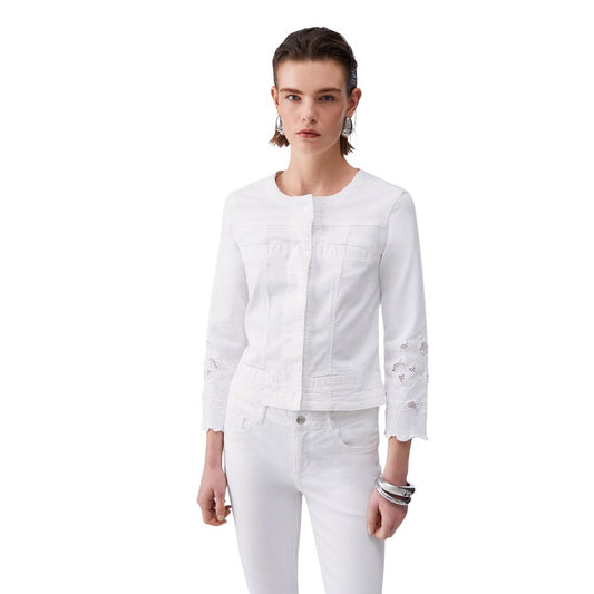 Trucker Jacket by Liu Jo for women in stretch denim cotton white, floral & signature features a dramatic silhouette, showcasing a sophisticated and distinctive breathable-design for a dramatic aesthetic.