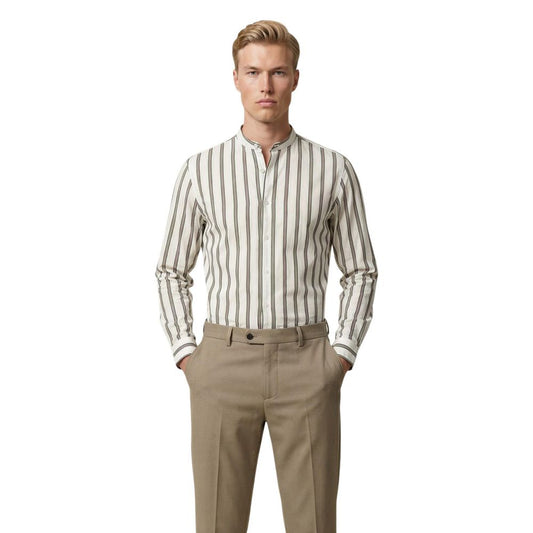 Shirt by Gianni Lupo for men in cotton natural, white, patterned & striped, featuring a nuanced long-sleeve and nuanced mandarin neckline for a sophisticated finish.