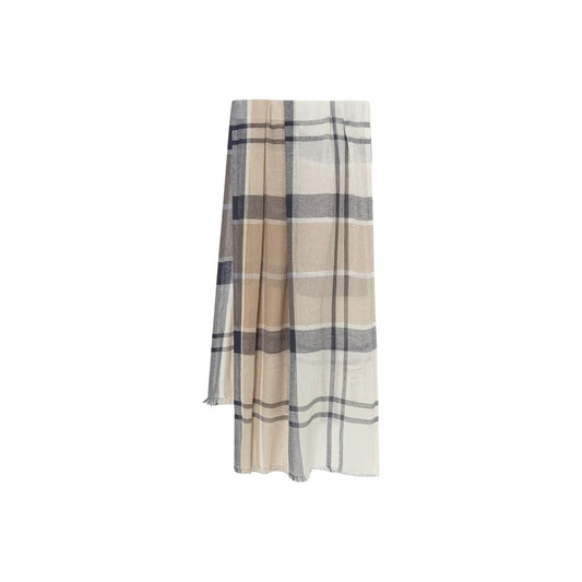 Scarf by Barbour for women in cotton & linen cream, natural, patterned & tartan features a timeless silhouette, artfully capturing the essence of the timeless City Cotton & Linen Pashmina Fringes Scarf design for a sophisticated look.
