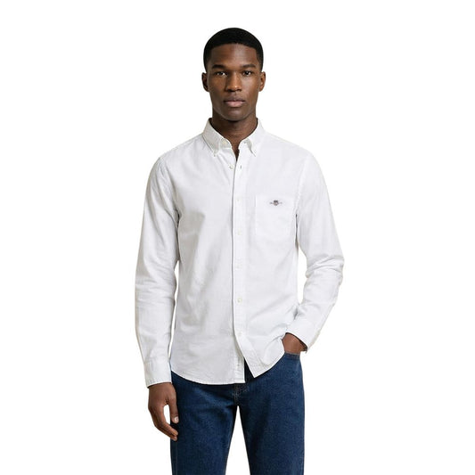 Dress Shirt by Gant for men in cotton white & signature features an polished silhouette, showcasing a sophisticated round button-down-collar neckline and long-sleeve detail for a truly polished finish.