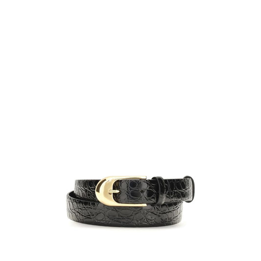Belt by Khaite for women in alligator calf leather & brass black & gold features a artisanal-chic design, artfully capturing the essence of the Alligator Calf Leather & Brass Belt with a artisanal-chic finish.
