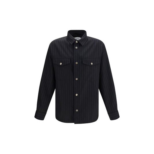 Shirt by Versace for men in merino wool black, patterned, pinstripe, jacquard, signature & monogram showcases a sleek silhouette, elegantly detailed with a sleek shirt-collar neckline and long-sleeve for a sleek finish.