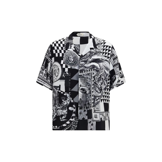 Shirt by Versace for men in silk twill black, patterned, signature & print, featuring a nuanced short-sleeve and nuanced shirt-collar neckline for a sophisticated finish.