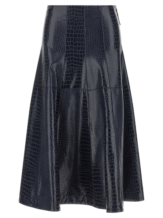 Skirt by PINKO for women in crocodile skin leather metal & viscose blue & signature features an tailored silhouette, artfully capturing the essence of Love Birds Women's Flared Crocodile Skin Leather Metal & Viscose Midi Skirt in a sophisticated midi.