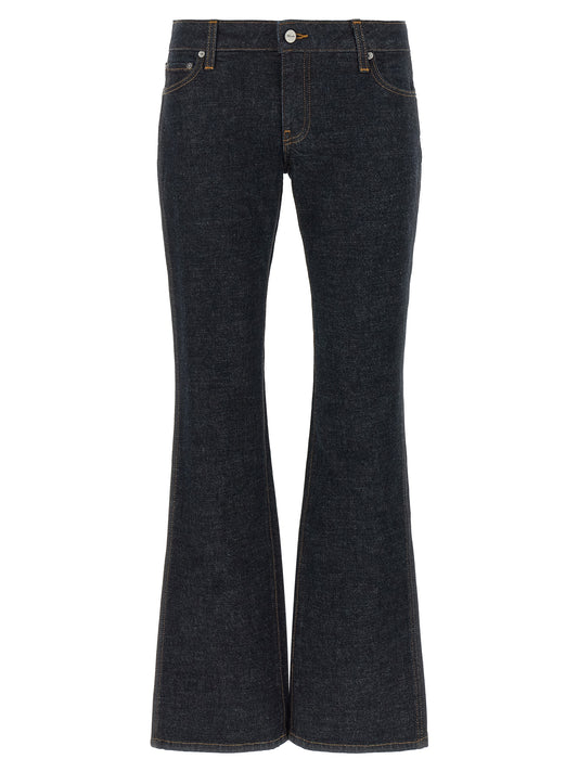 Jeans by Khaite for women in canvas cotton denim & leather black, blue, indigo & signature features an sophisticated low rise and flared with a precise long, creating a sophisticated and sophisticated silhouette.