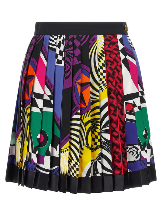 Skirt by Versace for women in silk twill multicolor & print showcases a dramatic silhouette, artfully capturing the essence of the Medusa Women's Pleated Flared Silk Twill Mini Long Skirt in a dramatic mini long cut for a refined look.