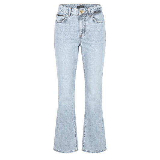 Jeans by Philipp Plein for women in cotton denim polyester blue presents a refined pantology silhouette, artfully defined by a refined pantology flared, long, and a sophisticated .