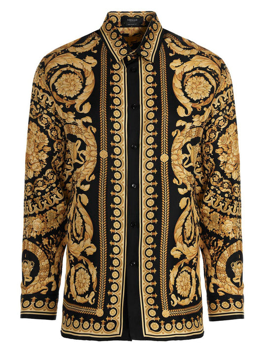 Shirt by Versace for men in silk gold & print features an architectural silhouette with a refined and elegant for a architectural look.