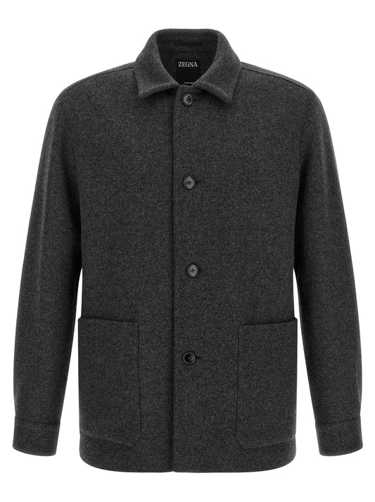 Overshirt by ZEGNA for men in cashmere wool & leather gray & signature showcases a sublime silhouette, artfully detailed with a sublime and for a sophisticated, sublime finish.