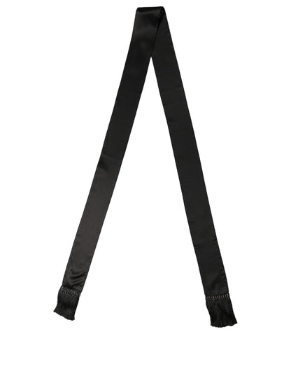 Dolce & Gabbana Black Satin Silk Skinny Fringed Shawl Scarf