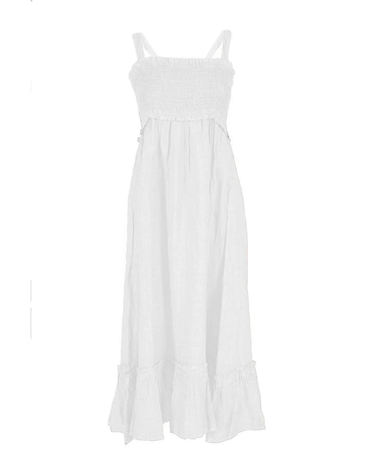 Dress by Yes Zee for women in linen white features an cute silhouette, detailed with a sleeveless; short-sleeve and round neckline that elegantly flows into a cute knee short long.