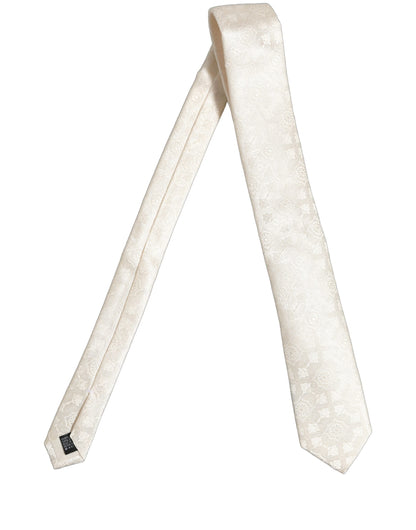 Dolce & Gabbana Off White Silk Damask Woven Adjustable Tied Necktie Tie