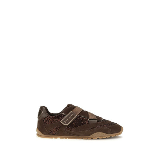 Athletic Sneakers by PINKO for women in suede leather rubber & sequins brown showcases a architectural silhouette, artfully capturing the essence of the Women's Athletic Suede Leather Rubber & Sequins Sneakers with its signature architectural athletic style construction.