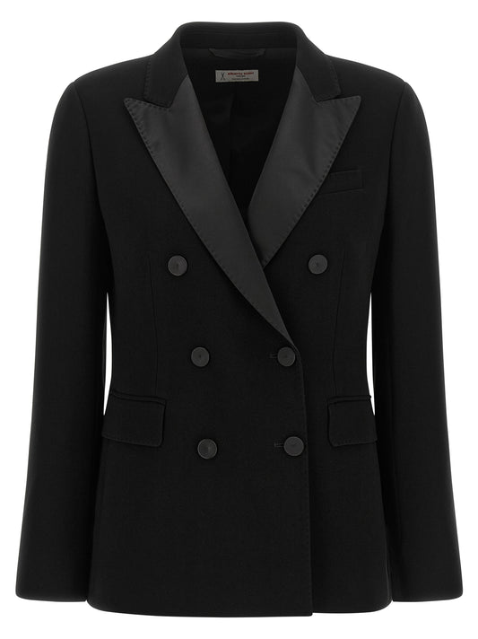 Blazer by Alberto Biani for women in polyester black & striped showcases a polished silhouette, highlighted by a refined and polished for a sophisticated finish.