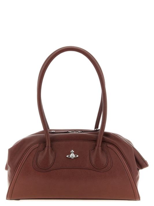 Small Shoulder Bag by Vivienne Westwood for women in calfskin leather brown, silver & signature features a effortless chic silhouette with a secure , ample , and versatile shoulder-strap & handle for a effortless chic finish.