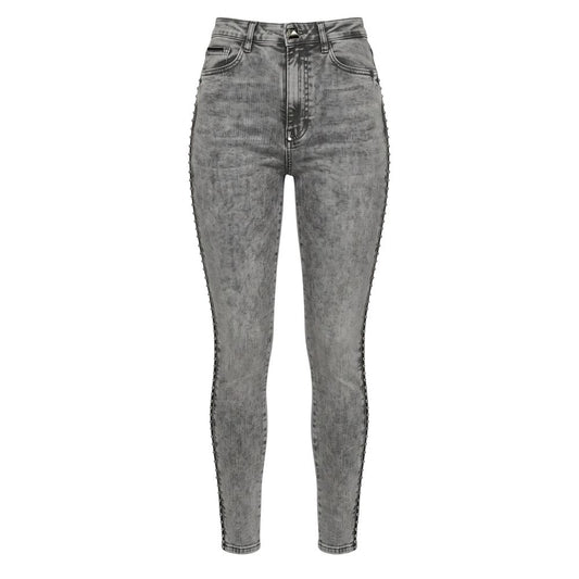Jeggings by Philipp Plein for women in stretch cotton denim calf leather & rhinestone gray & striped features an refined tailoring silhouette, showcasing a premium with a high rise and long cut for a refined tailoring look.