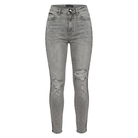 Jeans by Philipp Plein for women in stretch cotton denim calf leather & rhinestone gray & striped presents a tailored silhouette, showcasing a tailored and long cut with a refined high rise for a truly tailored aesthetic.