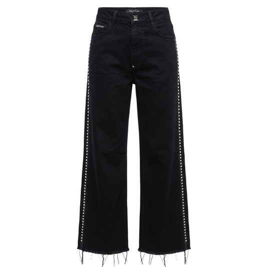 Jeans by Philipp Plein for women in denim cotton polyester & calf leather black & striped features a polished silhouette with a polished wide, reaching a polished long and finished with a polished .