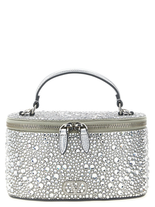 Mini Evening Handbag by Valentino Garavani for women in leather silk & viscose silver & signature features a contemporary silhouette, showcasing a secure zipper, ample , and contemporary shoulder-strap, handle & adjustable-strap for a sophisticated look.