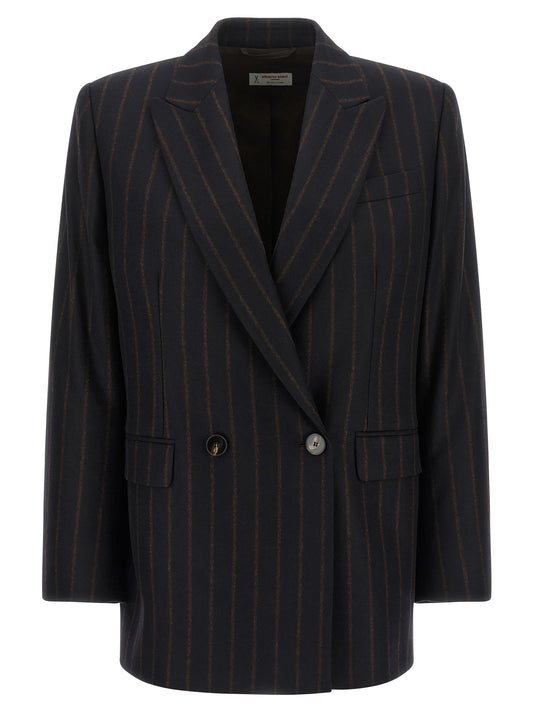 Blazer by Alberto Biani for women in flannel & wool blue & pinstripe features an crisp silhouette with sophisticated and a crisp for a truly crisp finish.