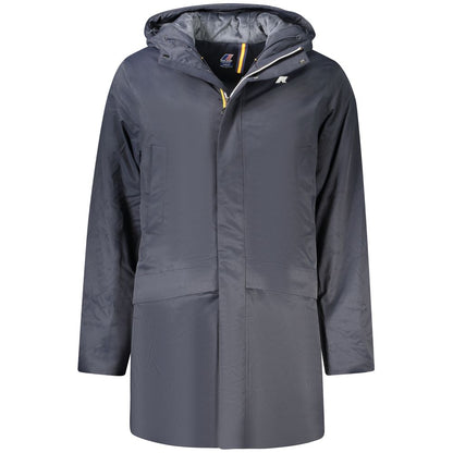 K-WAY Blue Polyester Men's Jacket with Hood and Pockets
