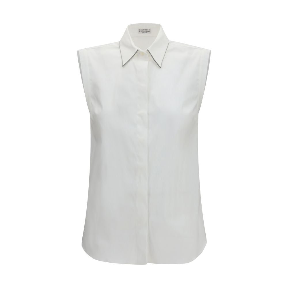Shirt by Brunello Cucinelli for women in stretch polyamide cotton white & signature showcases a sharp silhouette, elegantly detailed with a sharp and sharp sleeveless.