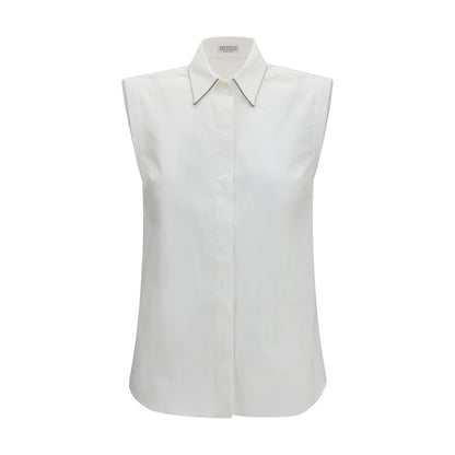 Shirt by Brunello Cucinelli for women in stretch polyamide cotton white & signature showcases a sharp silhouette, elegantly detailed with a sharp and sharp sleeveless.