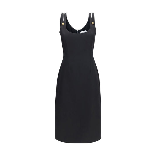 Dress by Versace for women in virgin wool black features an eye catching silhouette with a sophisticated wide-neck neckline, elegant sleeveless, and a refined midi for a eye catching aesthetic.