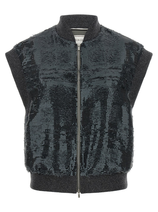 Vest by Peserico for women in metal polyester & sequins gray & signature showcases a utilitarian silhouette, artfully incorporating and a utilitarian for a truly utilitarian finish.