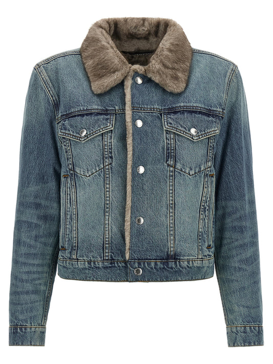 Trucker Jacket by DENIM X ALEXANDER WANG for women in cotton denim leather & fur blue, indigo & silver showcases a bohemian silhouette, artfully detailed with a bohemian shirt-collar neckline and signature pockets for a truly bohemian finish.