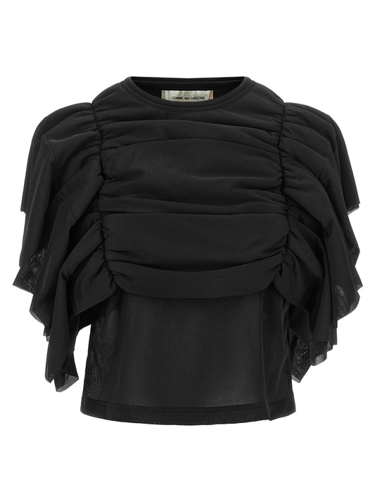 Shirt by Comme Des Garçons for women in polyester black & patterned showcases a sleek silhouette, elegantly detailed with a sleek and short-sleeve for a sleek finish.