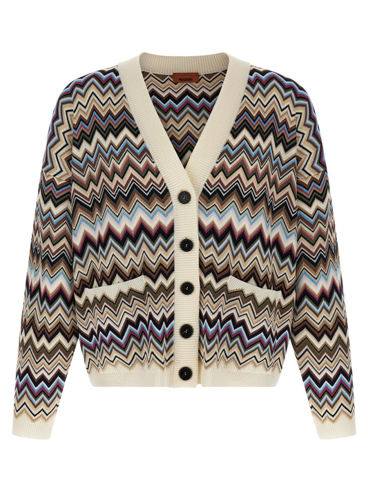 Cardigan by Missoni for women in polyester viscose wool cream, multicolor, patterned & signature features an impeccable silhouette, showcasing a sophisticated v-neck neckline and detail for a truly impeccable finish.