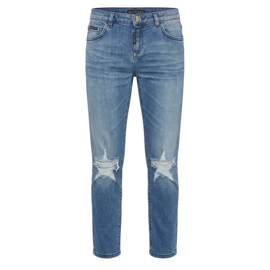 Jeans by Philipp Plein for women in stretch denim cotton polyester blue features a polished silhouette with a polished , reaching a polished long and finished with a polished .