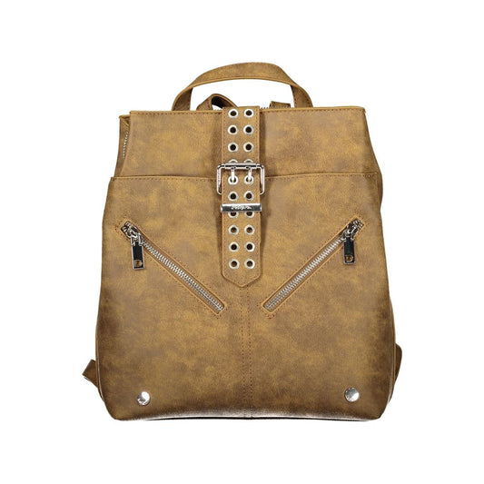 Mini Backpack by Desigual for women in polyurethane brown features a fashionable silhouette, showcasing the Polyurethane Mini Backpack design with a secure snap & zipper, ample built-in-compartments, external-pockets, internal-pockets & cardholder, and versatile backpack-strap, adjustable-strap & handle.