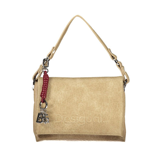 Handbag by Desigual for women in polyurethane beige & print features a refined silhouette, showcasing a secure zipper & magnetic, organized built-in-compartments, internal-pockets & cardholder, and versatile adjustable-strap & handle for a refined finish.
