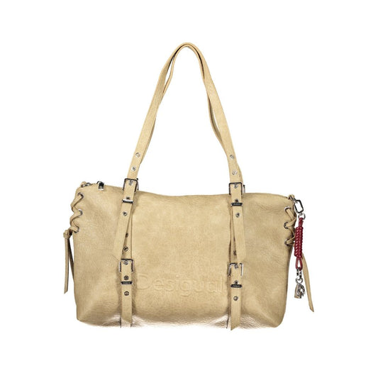This Handbag by Desigual for women in polyurethane and beige presents a sculptural silhouette featuring a secure , ample external-pockets, internal-pockets & cardholder, and versatile adjustable-strap for a sculptural finish.