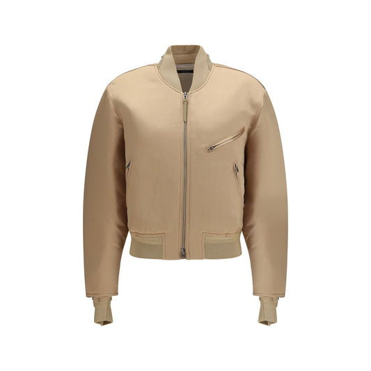 Bomber Jacket by Tom Ford for women in silk satin & leather gold features a dramatic silhouette, showcasing a sophisticated [neckline] and distinctive pockets & insulated for a dramatic aesthetic.