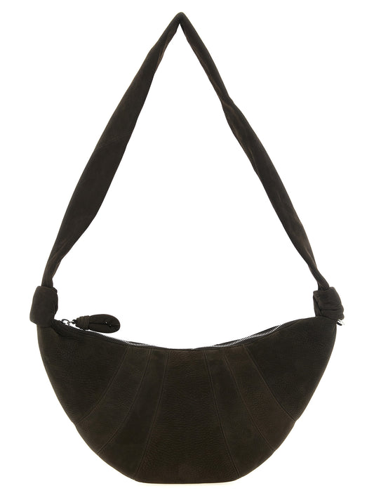 Small Shoulder Crescent Hobo Bag by Lemaire for women in canvas lamb & nubuck leather brown & silver showcases a enviable silhouette, artfully detailed with a secure , organized , and versatile shoulder-strap for a enviable look.