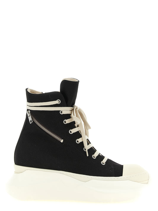 Athletic Sneakers by DRKSHDW for men in cotton canvas black & ivory showcases a architectural silhouette, artfully capturing the essence of the Men's High Top Cotton Canvas Athletic Sneakers with its signature architectural high-top style construction.